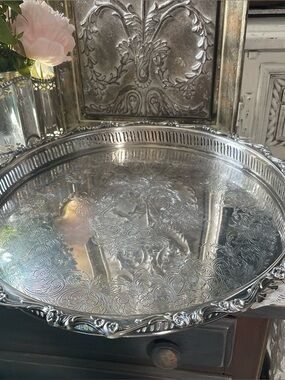 Vintage Webster Wilcox floral etched silver plated large footed tray old money